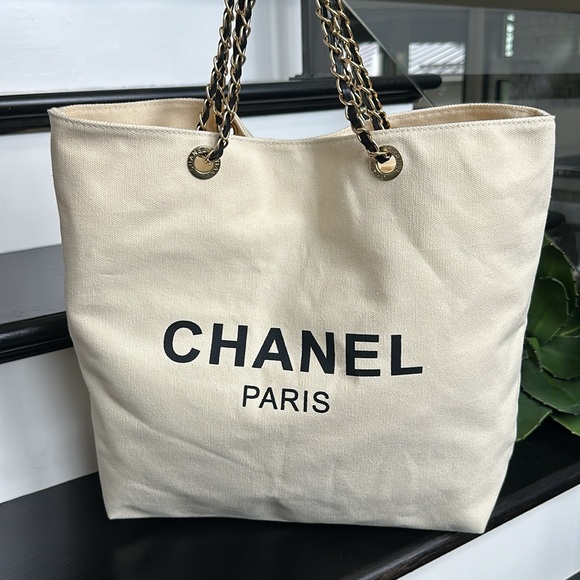 Chanel canvas shoulder tote handbag purse shopper carryall new clean non smoking - Picture 1 of 12